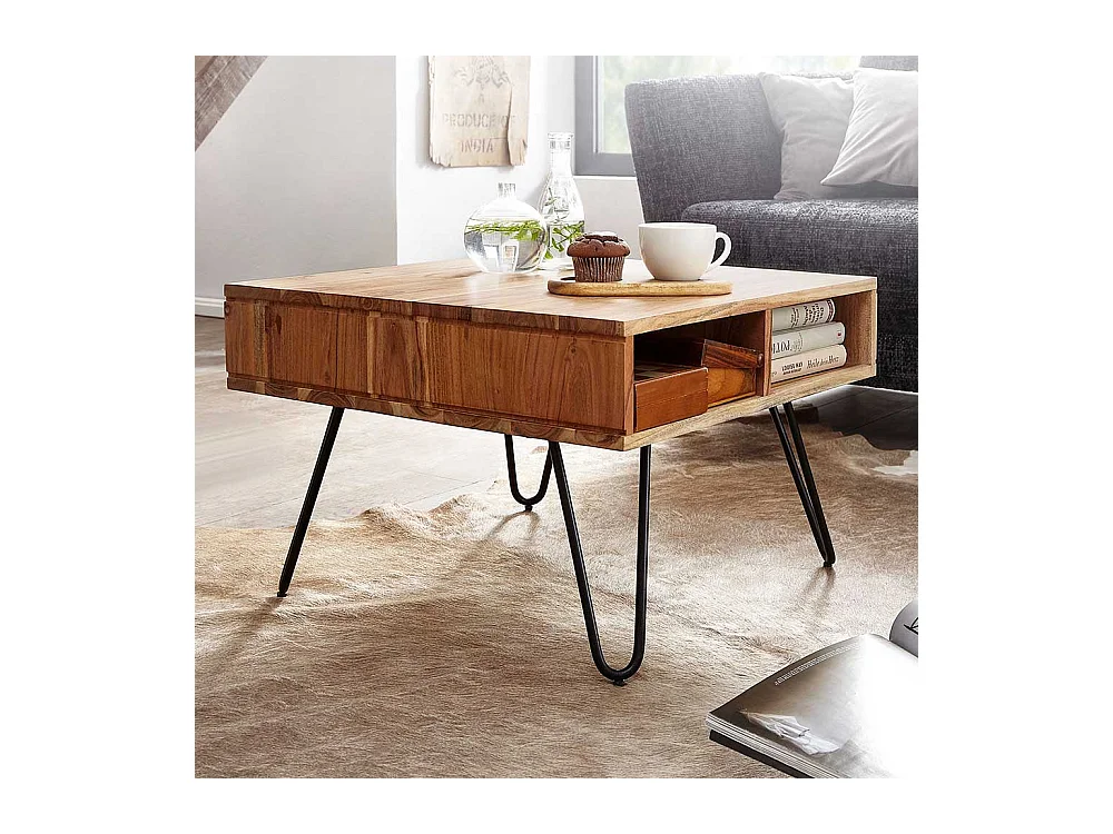 Couchtisch mit Hairpin Gestell aus Akazie Massivholz Metall