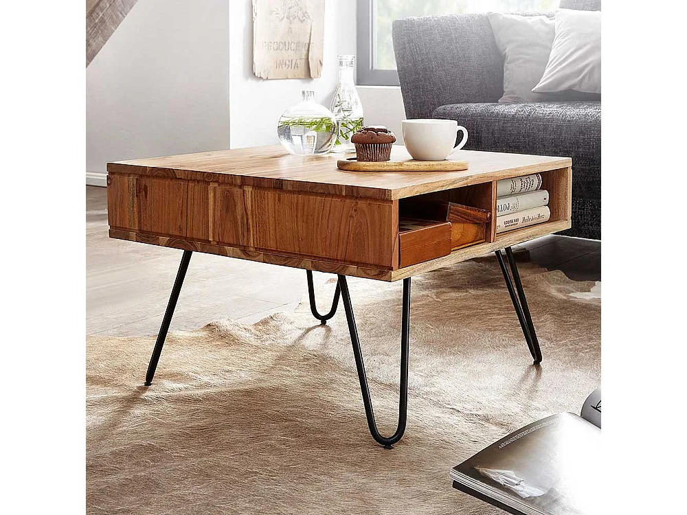 Couchtisch mit Hairpin Gestell aus Akazie Massivholz Metall
