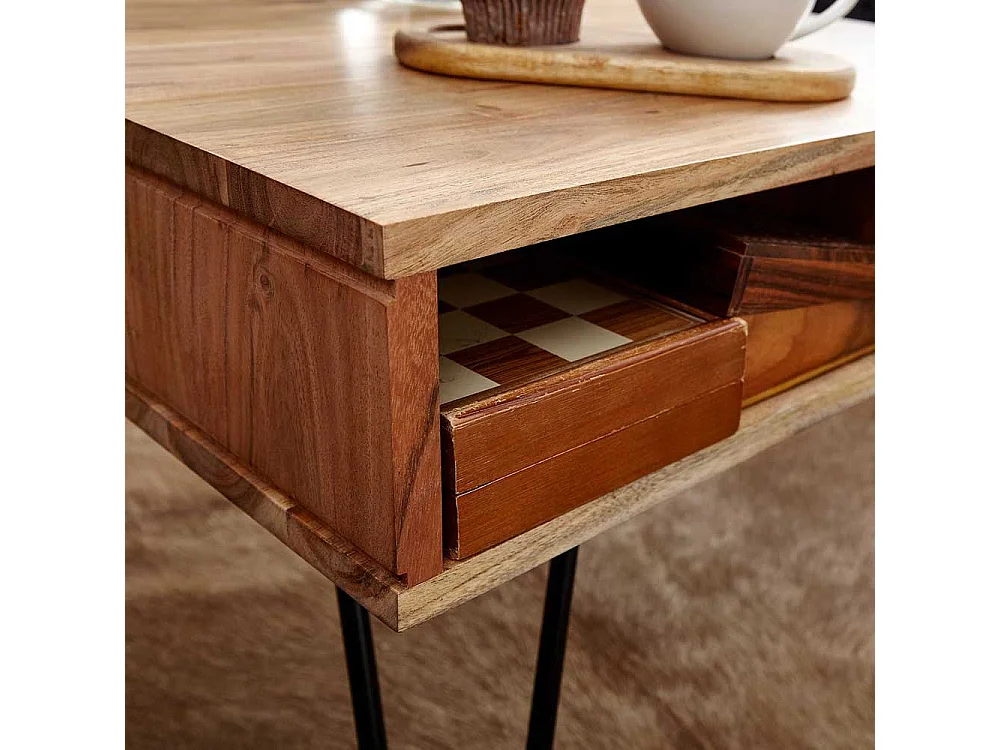 Couchtisch mit Hairpin Gestell aus Akazie Massivholz Metall