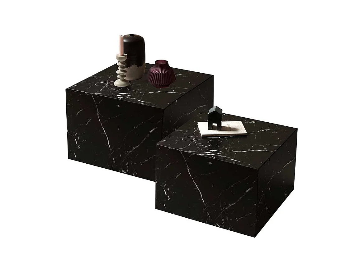 Wohnzimmertisch Set in Schwarz Marmor Optik Block-Form (zweiteilig)