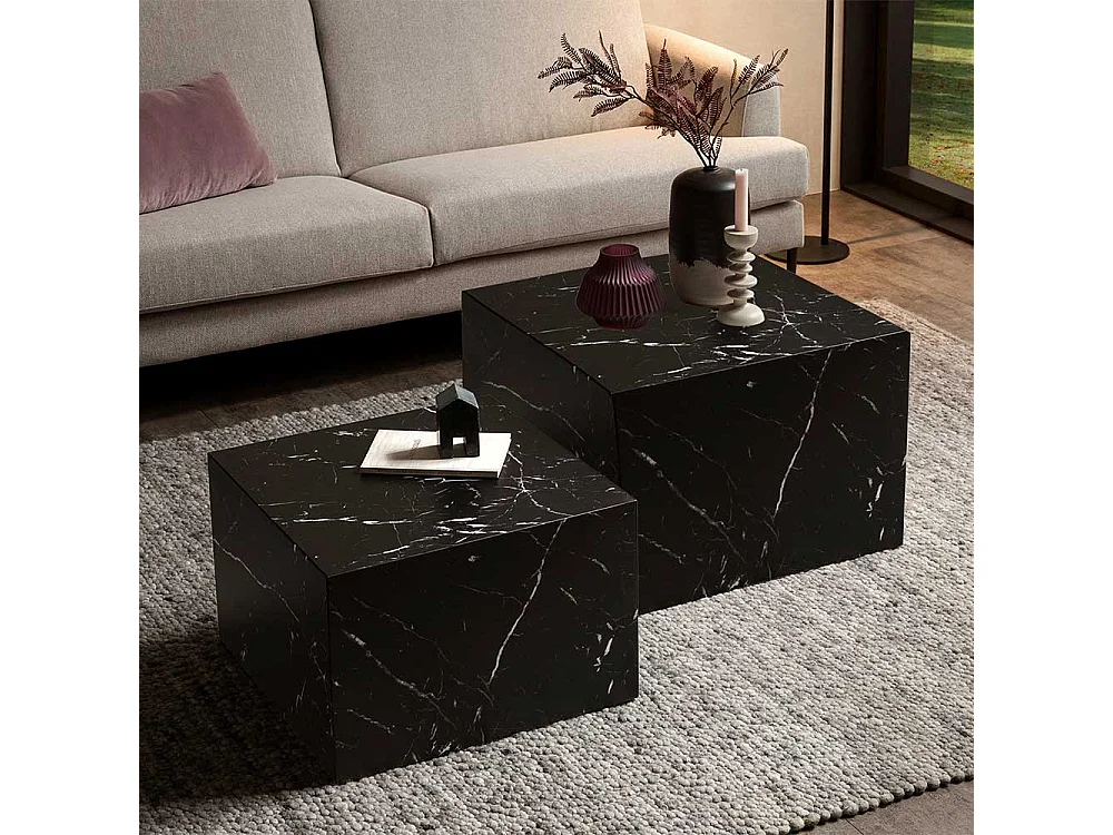 Wohnzimmertisch Set in Schwarz Marmor Optik Block-Form (zweiteilig)