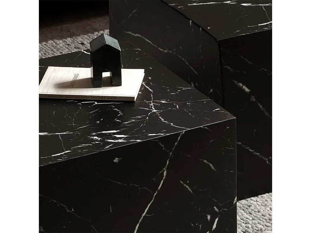 Wohnzimmertisch Set in Schwarz Marmor Optik Block-Form (zweiteilig)