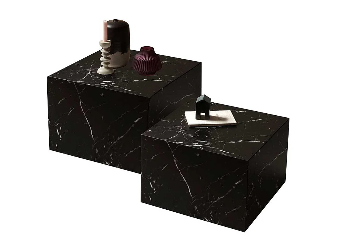 Wohnzimmertisch Set in Schwarz Marmor Optik Block-Form (zweiteilig)