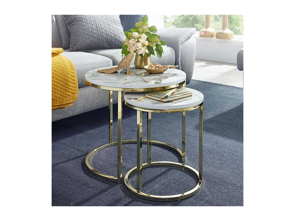 Couchtische Marmor Optik mit Ringgestell Goldfarben (zweiteilig)