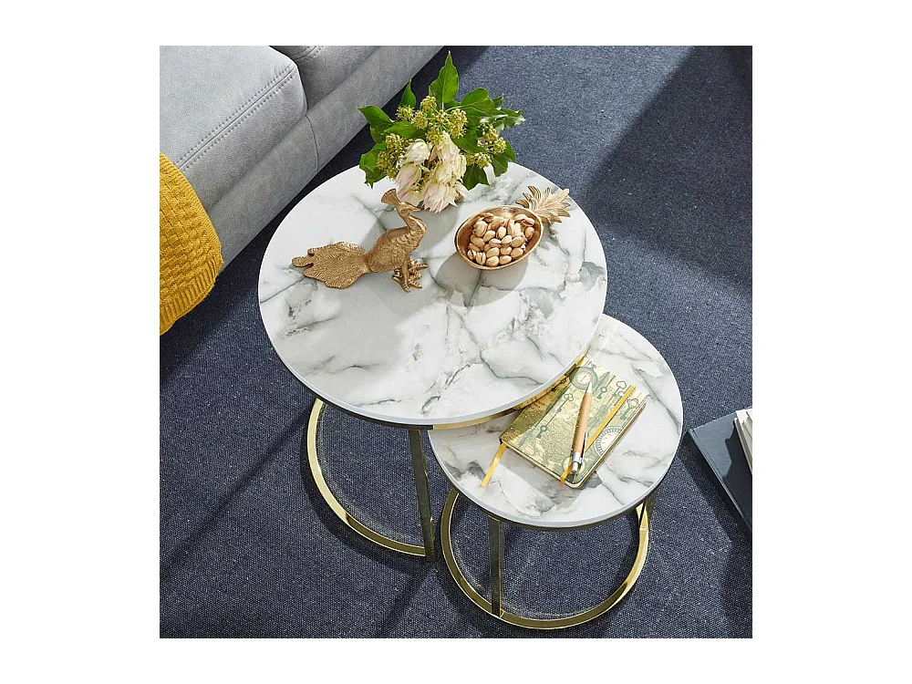 Couchtische Marmor Optik mit Ringgestell Goldfarben (zweiteilig)