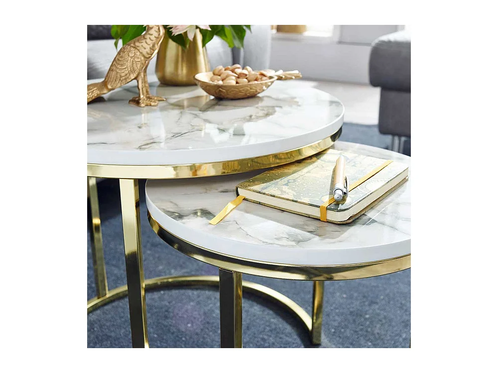 Couchtische Marmor Optik mit Ringgestell Goldfarben (zweiteilig)