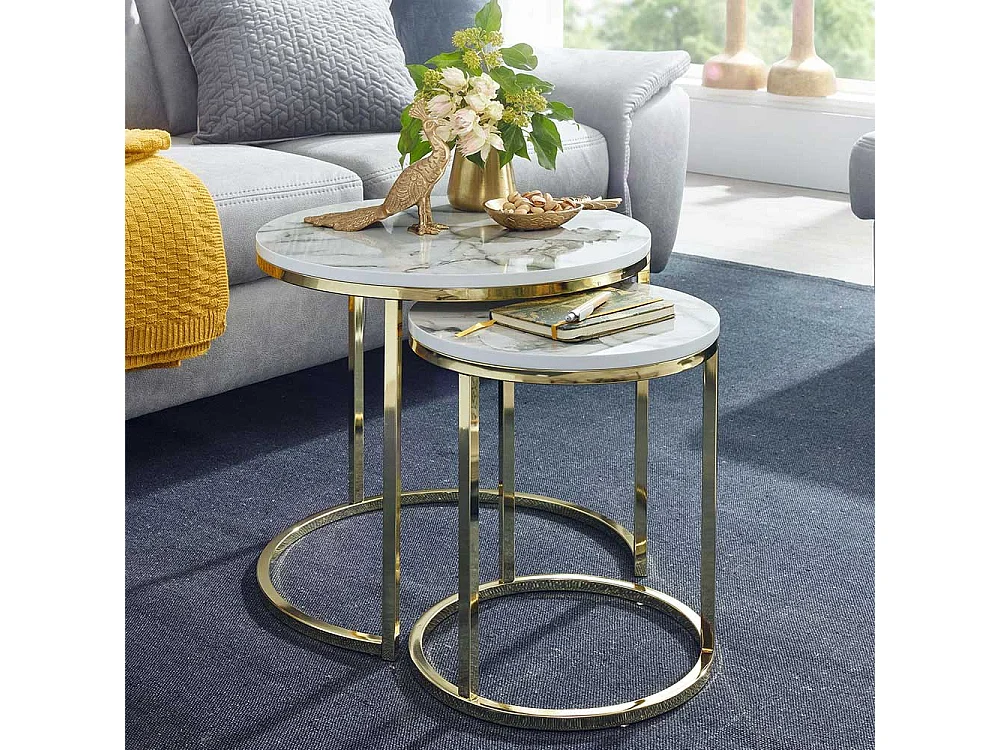 Couchtische Marmor Optik mit Ringgestell Goldfarben (zweiteilig)