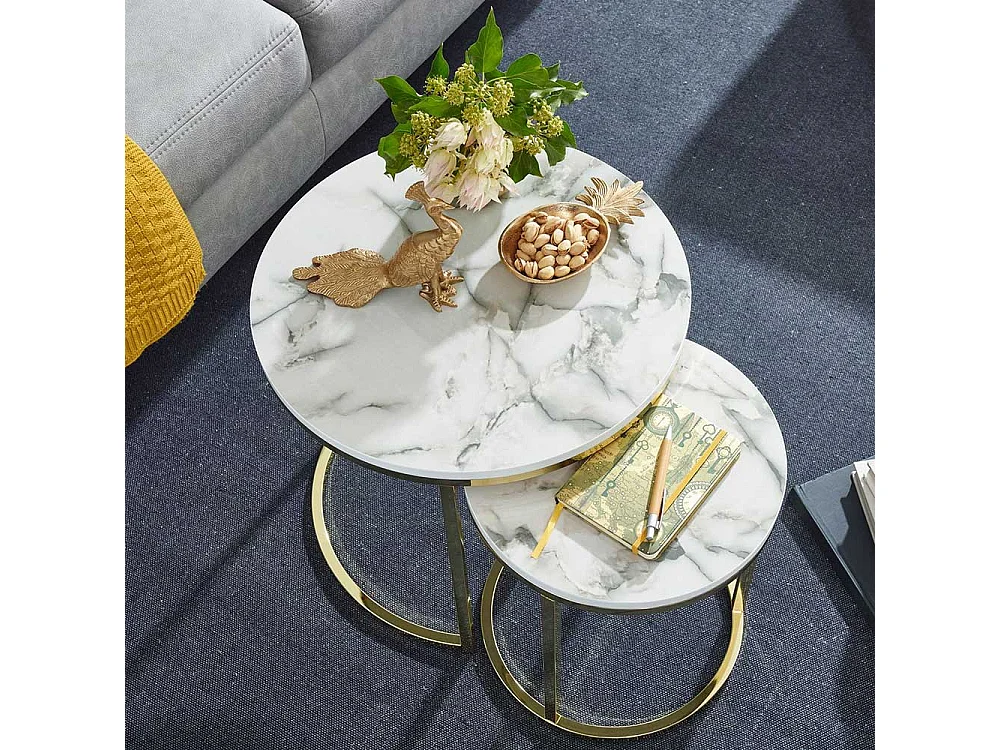 Couchtische Marmor Optik mit Ringgestell Goldfarben (zweiteilig)