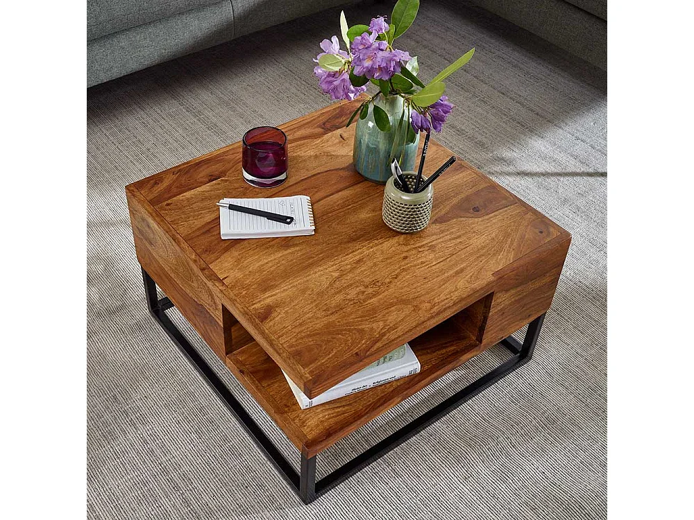 Wohnzimmertisch mit Bügelgestell aus Sheesham Massivholz Stahl