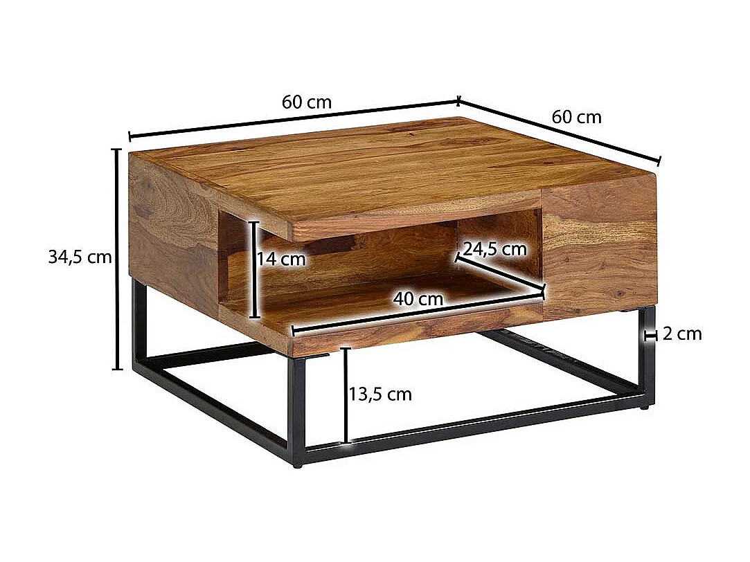 Wohnzimmertisch mit Bügelgestell aus Sheesham Massivholz Stahl