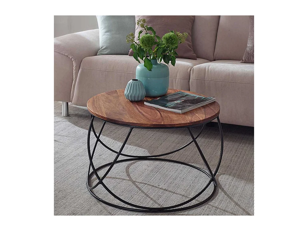 Sofatisch aus Sheesham Massivholz und Edelstahl Draht-Gestell