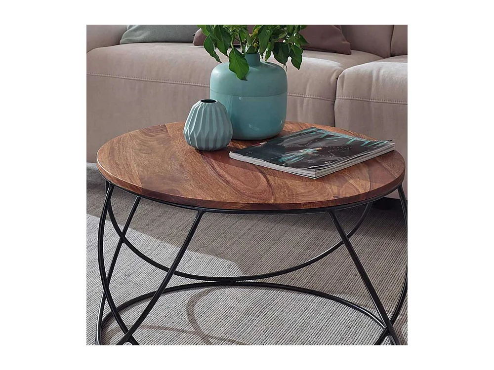 Sofatisch aus Sheesham Massivholz und Edelstahl Draht-Gestell