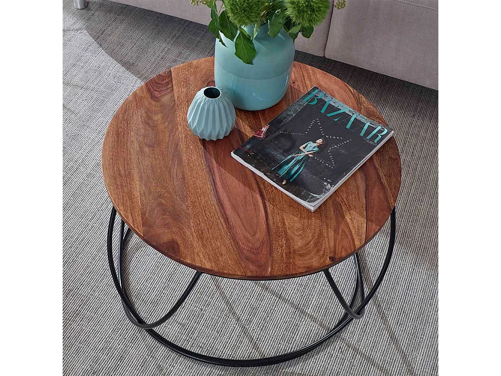 Sofatisch aus Sheesham Massivholz und Edelstahl Draht-Gestell