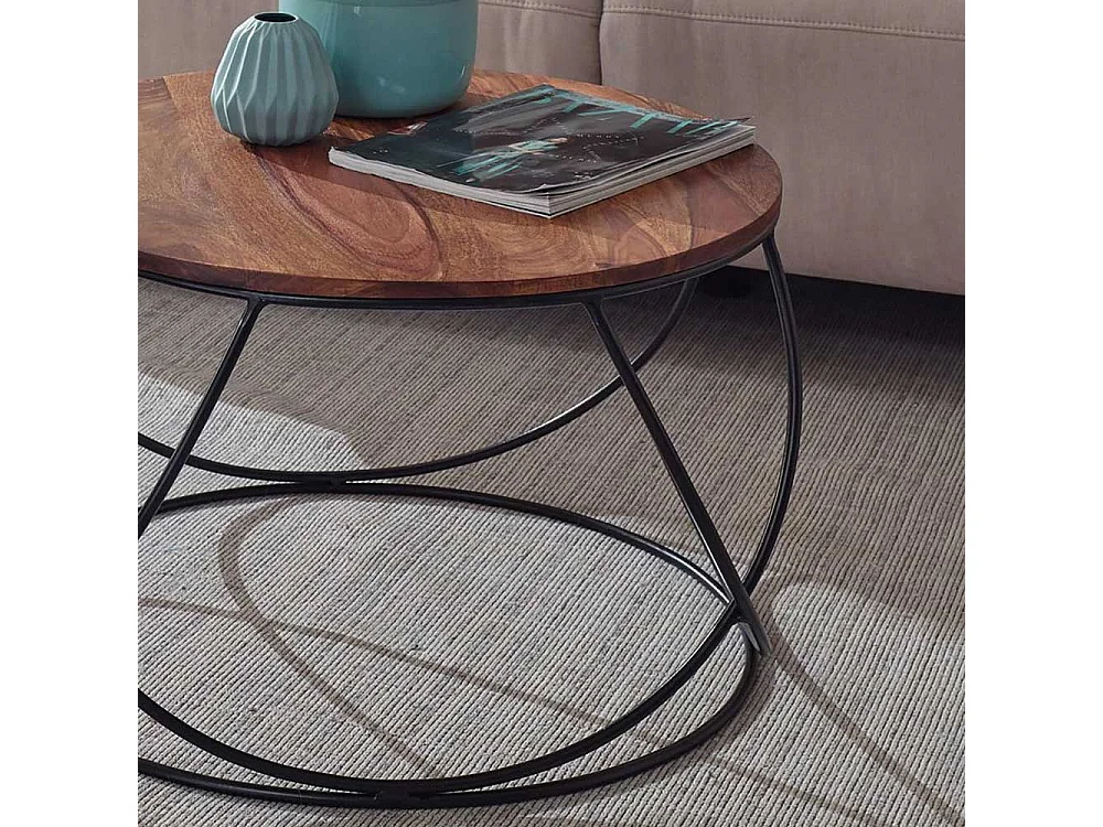 Sofatisch aus Sheesham Massivholz und Edelstahl Draht-Gestell