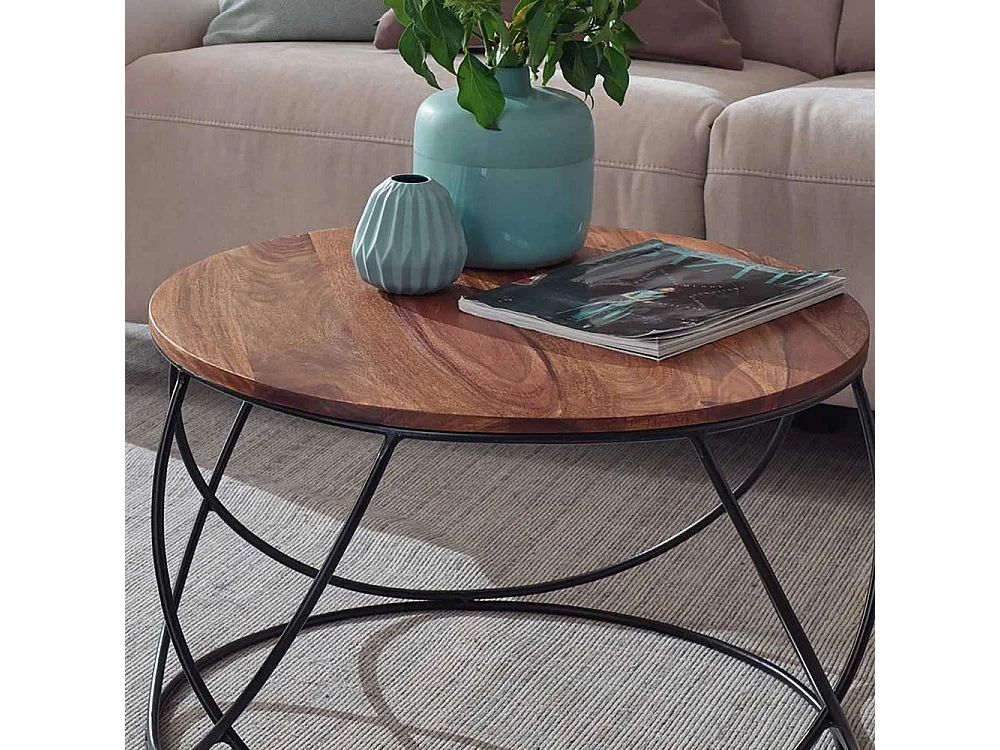 Sofatisch aus Sheesham Massivholz und Edelstahl Draht-Gestell