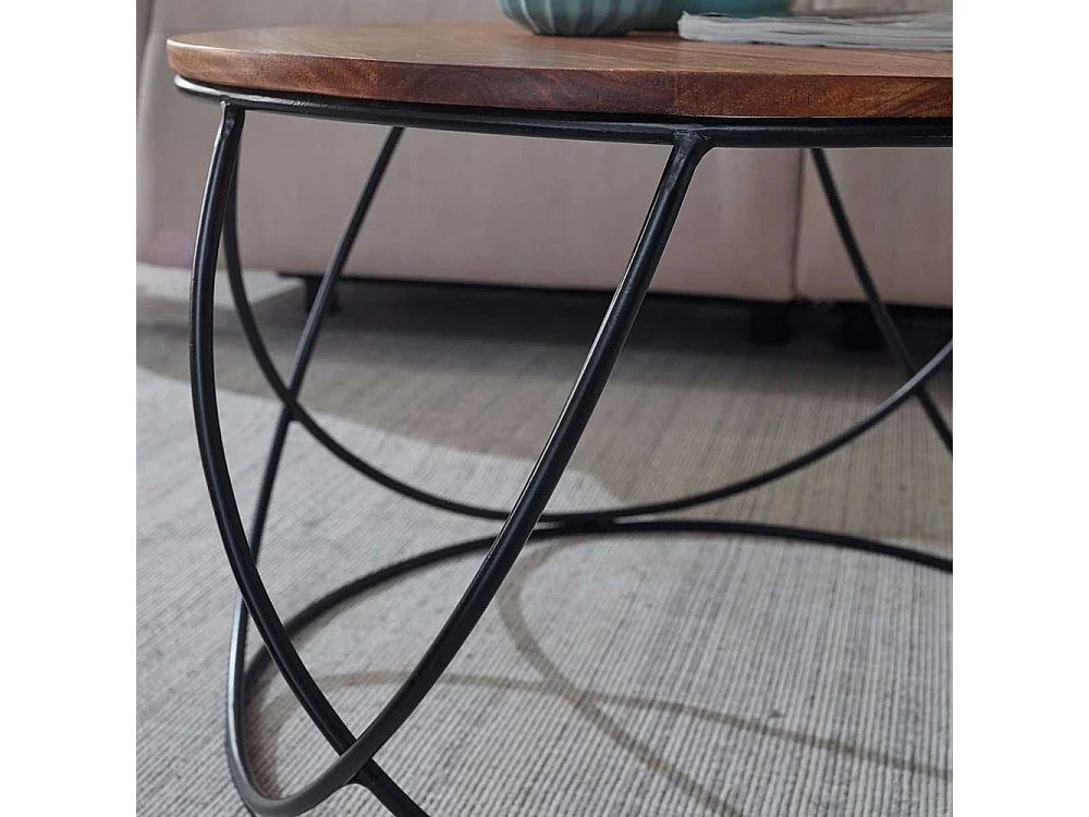 Sofatisch aus Sheesham Massivholz und Edelstahl Draht-Gestell