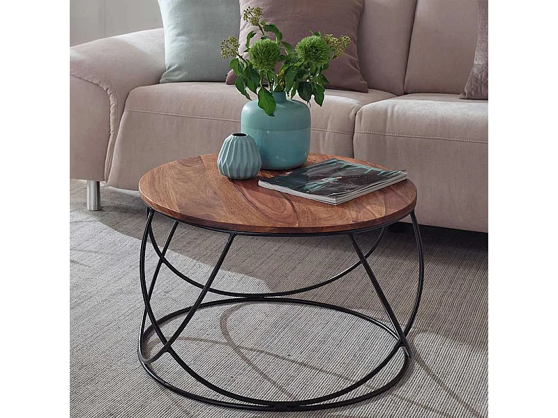 Sofatisch aus Sheesham Massivholz und Edelstahl Draht-Gestell