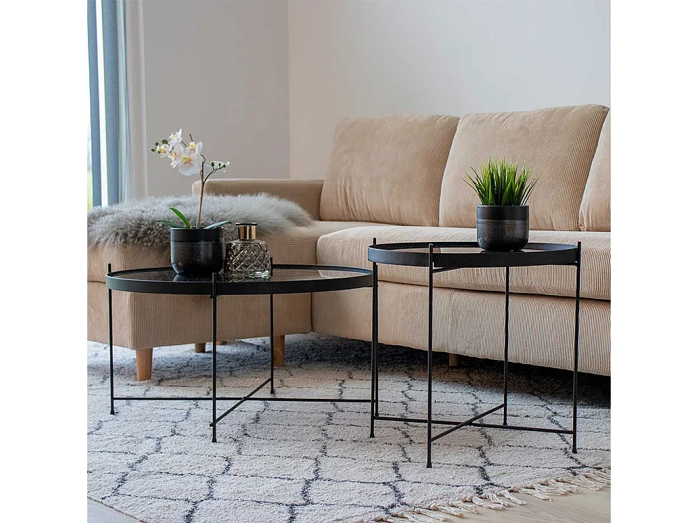 Wohnzimmer Couchtisch in Schwarz Stahl runder Glasplatte