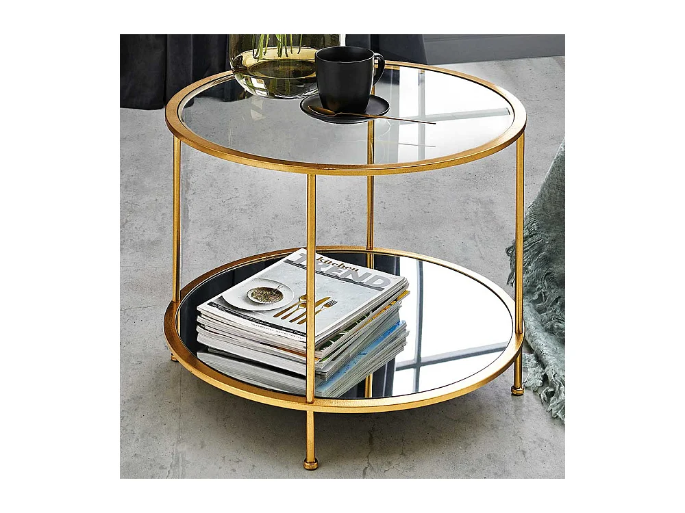 Runder Sofa Tisch aus Stahl in Goldfarben Spiegelglasplatten