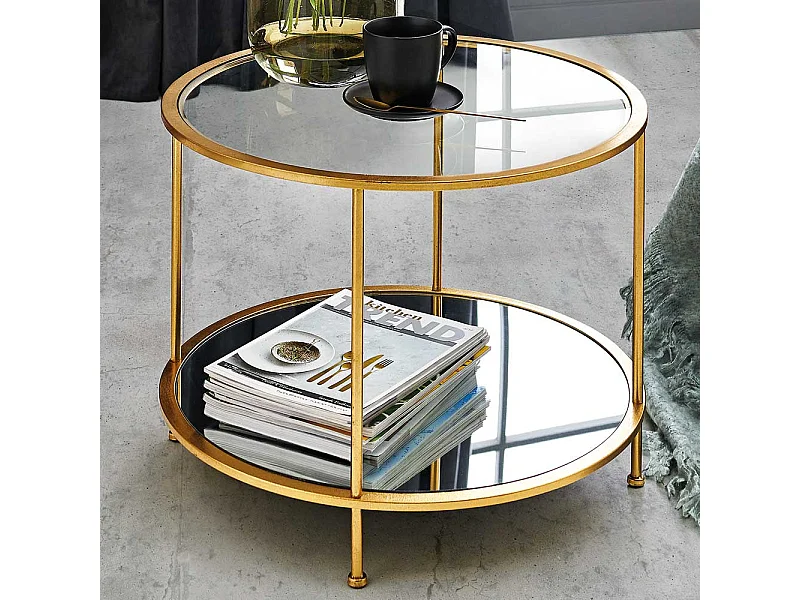 Runder Sofa Tisch aus Stahl in Goldfarben Spiegelglasplatten