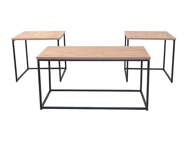 Couchtischset in Eichefarben und Schwarz Bügelgestell (dreiteilig)