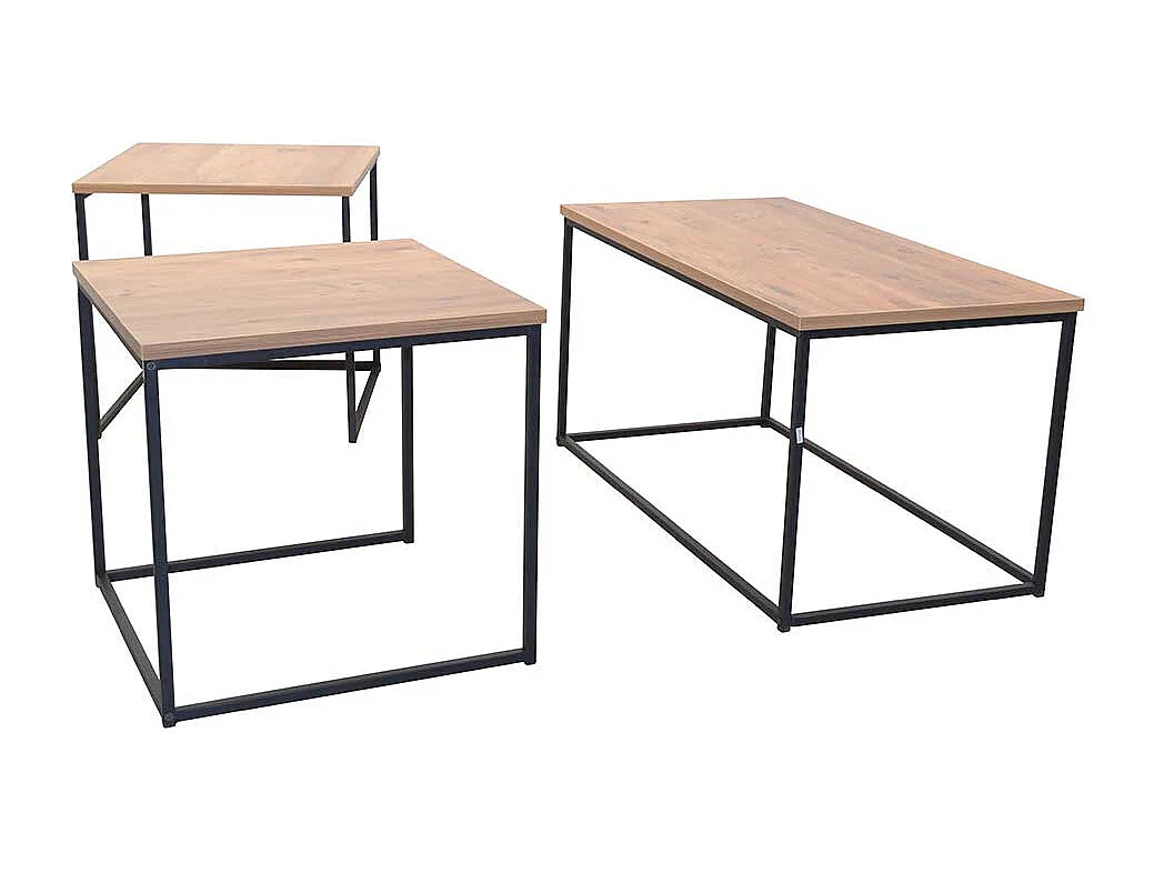 Couchtischset in Eichefarben und Schwarz Bügelgestell (dreiteilig)