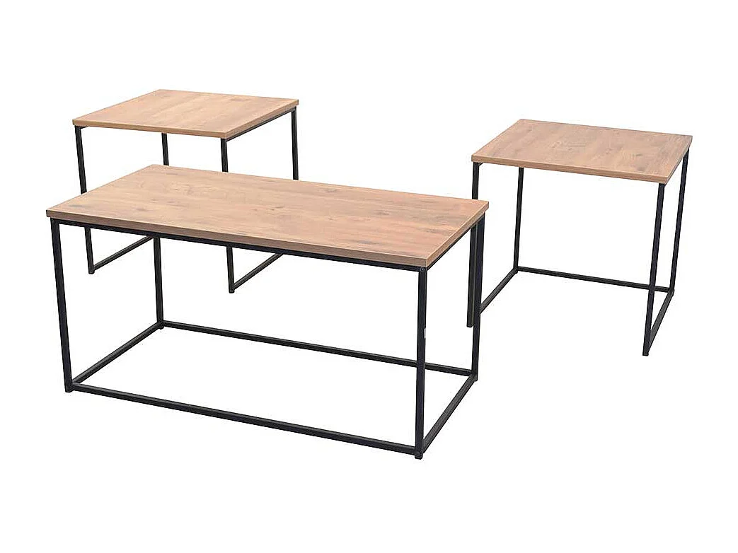 Couchtischset in Eichefarben und Schwarz Bügelgestell (dreiteilig)