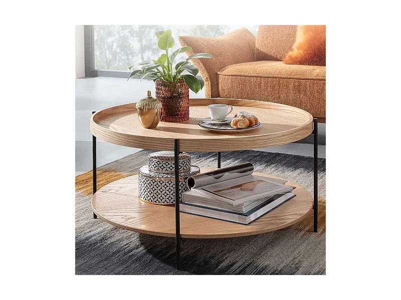 Sofa Tisch in Eichefarben Metall Vierfußgestell Schwarz