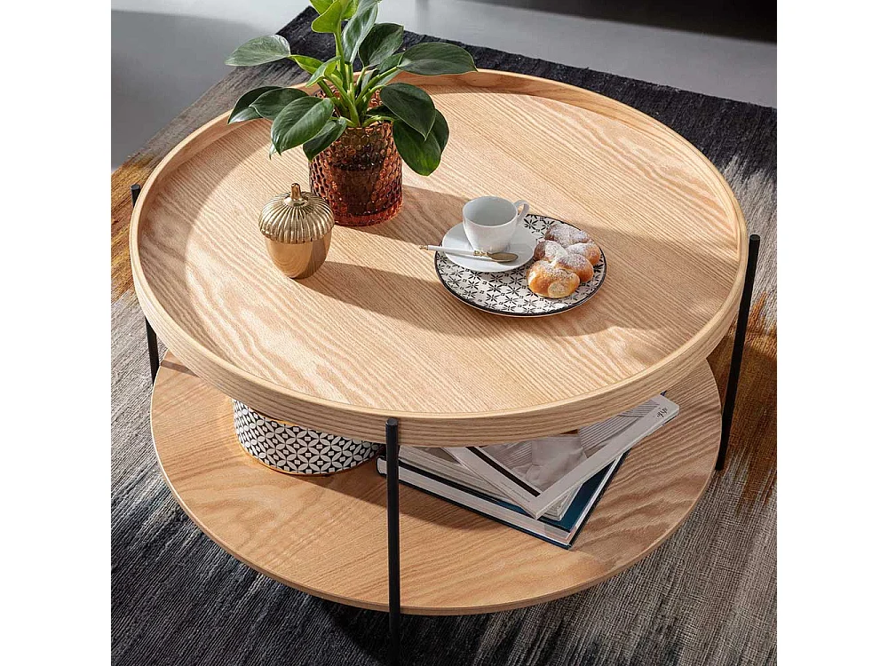 Sofa Tisch in Eichefarben Metall Vierfußgestell Schwarz