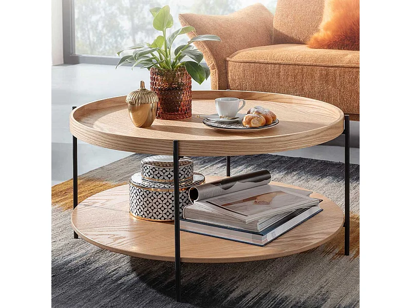 Sofa Tisch in Eichefarben Metall Vierfußgestell Schwarz