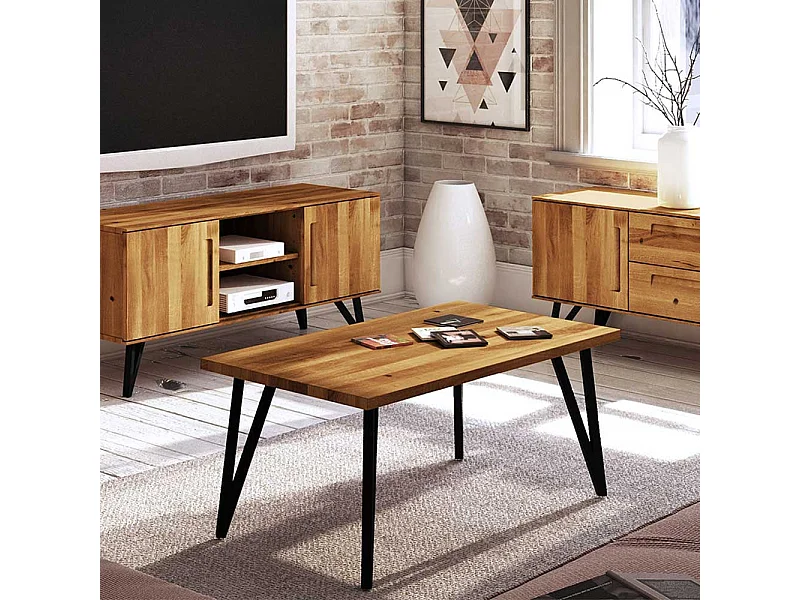Wohnzimmertisch aus Wildeiche Massivholz und Stahl Loft Design