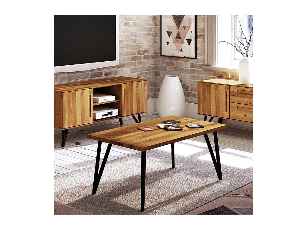 Wohnzimmertisch aus Wildeiche Massivholz und Stahl Loft Design