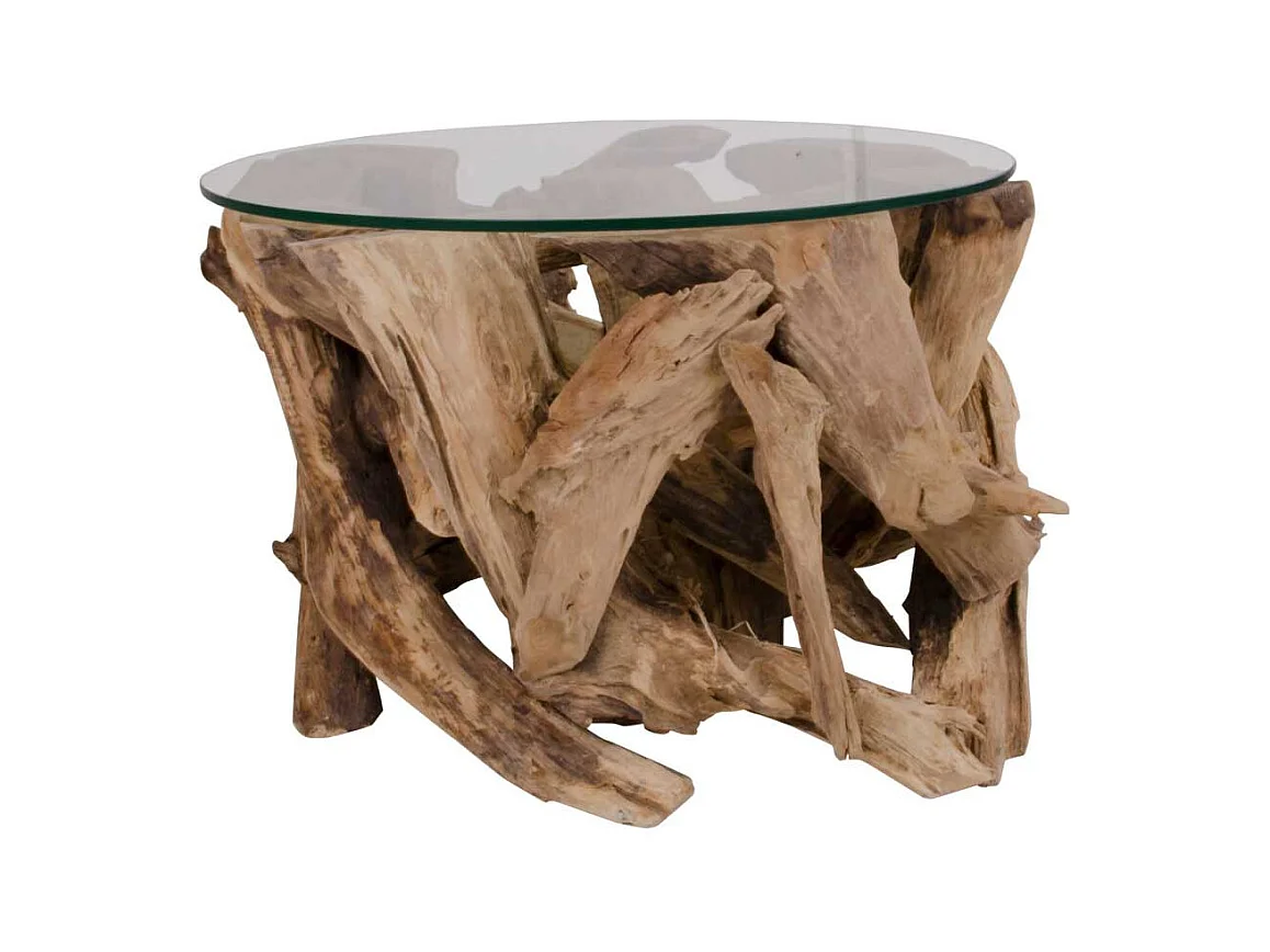 Runder Glastisch mit Wurzelholz-Gestell 60 cm breit