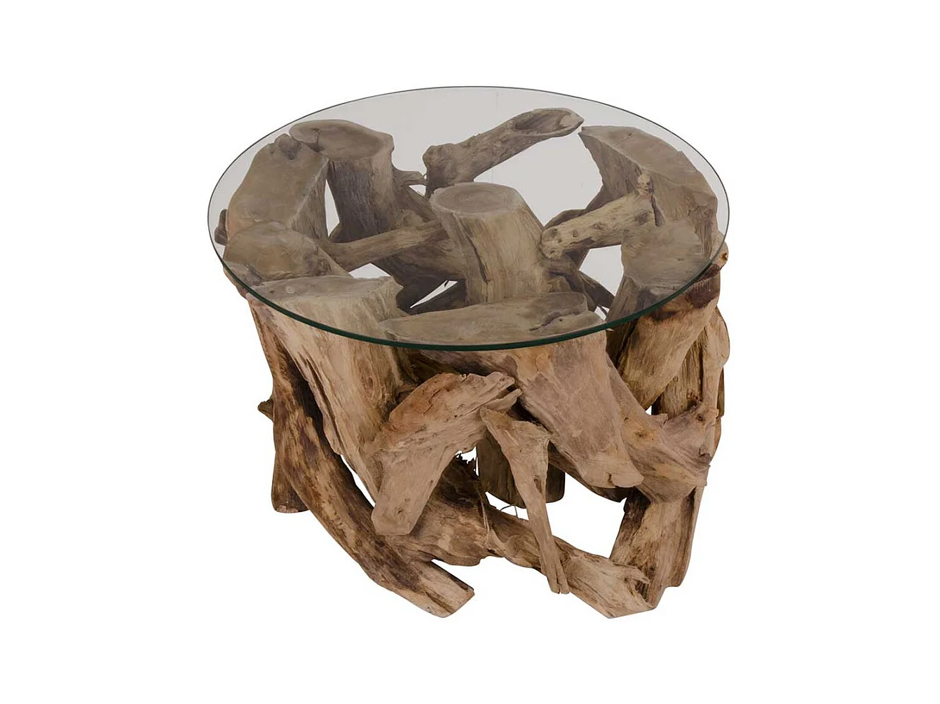 Runder Glastisch mit Wurzelholz-Gestell 60 cm breit