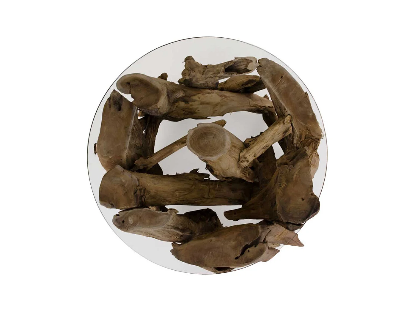 Runder Glastisch mit Wurzelholz-Gestell 60 cm breit