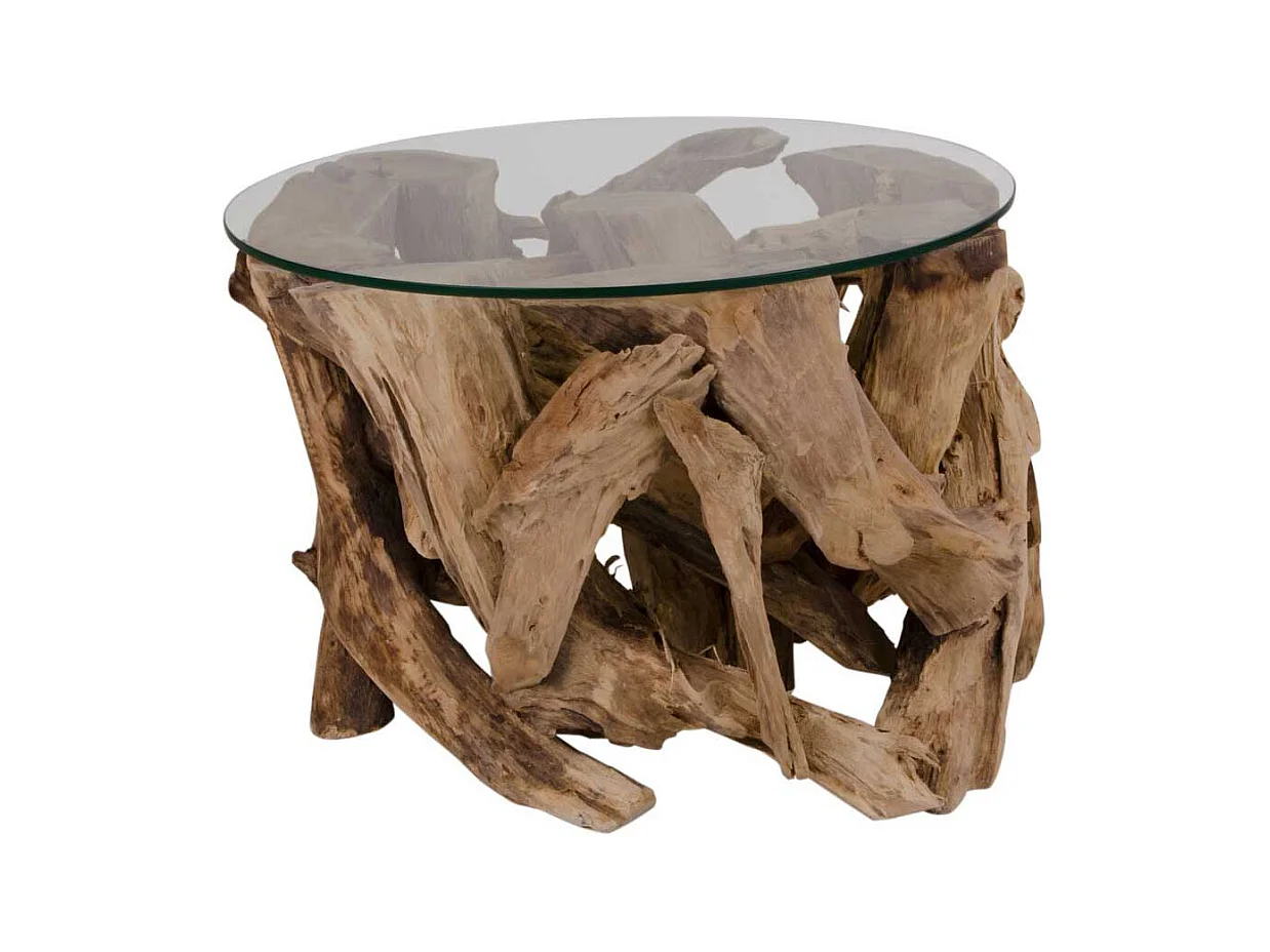 Runder Glastisch mit Wurzelholz-Gestell 60 cm breit