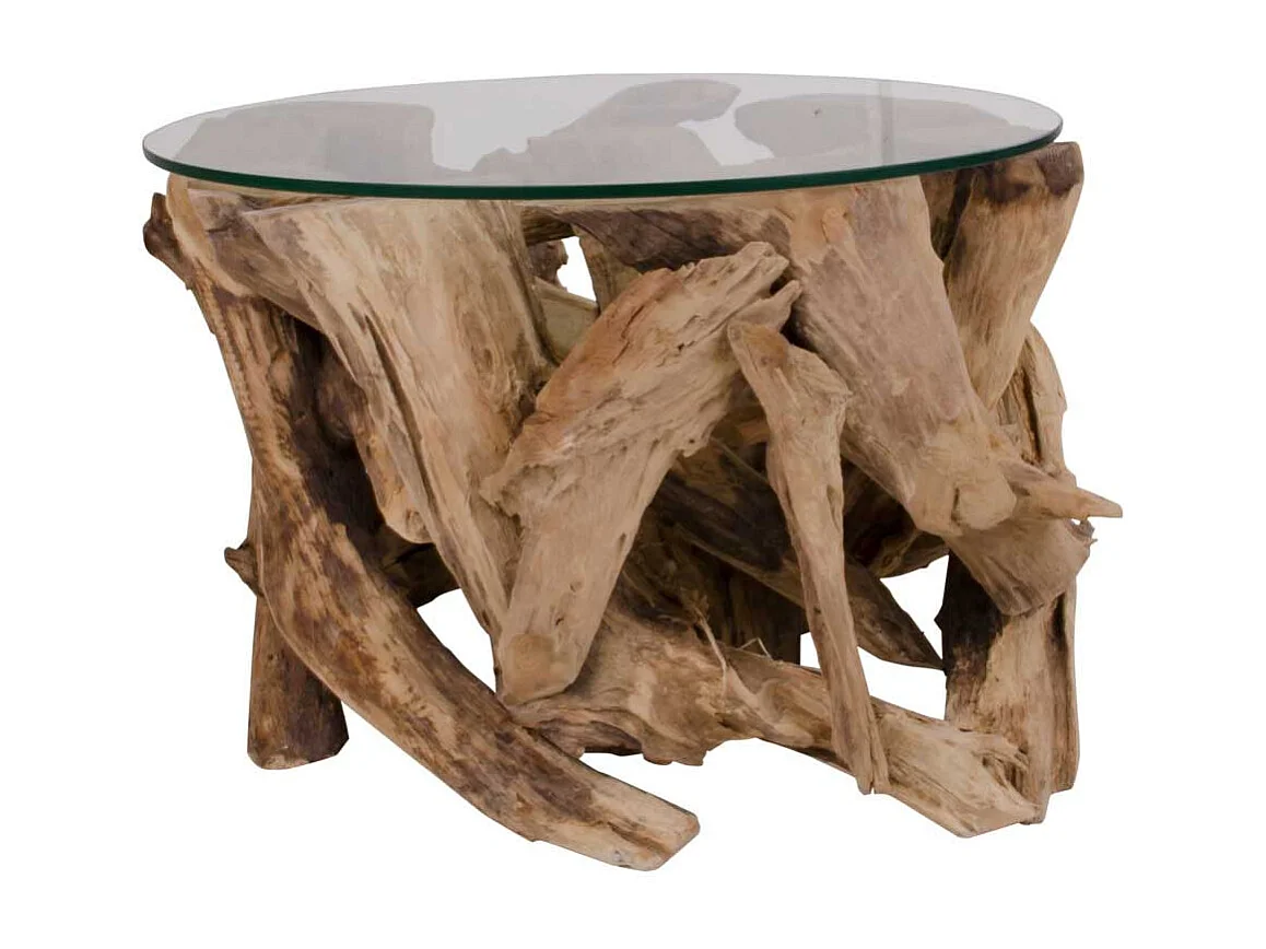 Runder Glastisch mit Wurzelholz-Gestell 60 cm breit