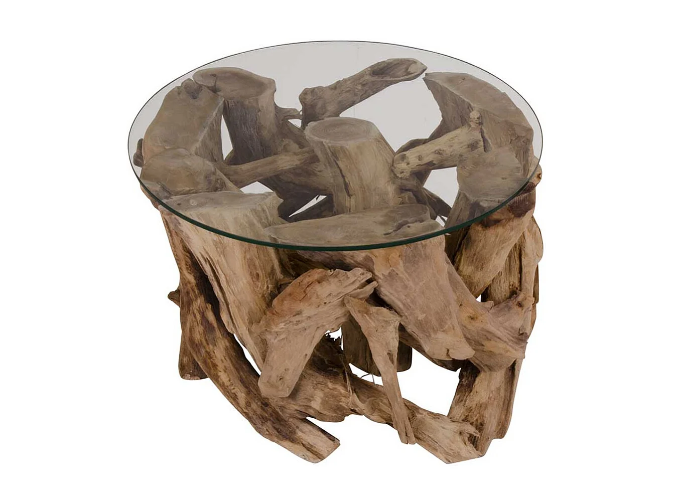 Runder Glastisch mit Wurzelholz-Gestell 60 cm breit