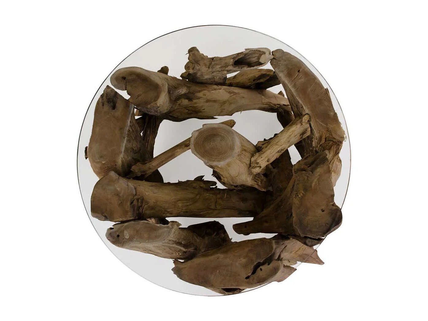 Runder Glastisch mit Wurzelholz-Gestell 60 cm breit