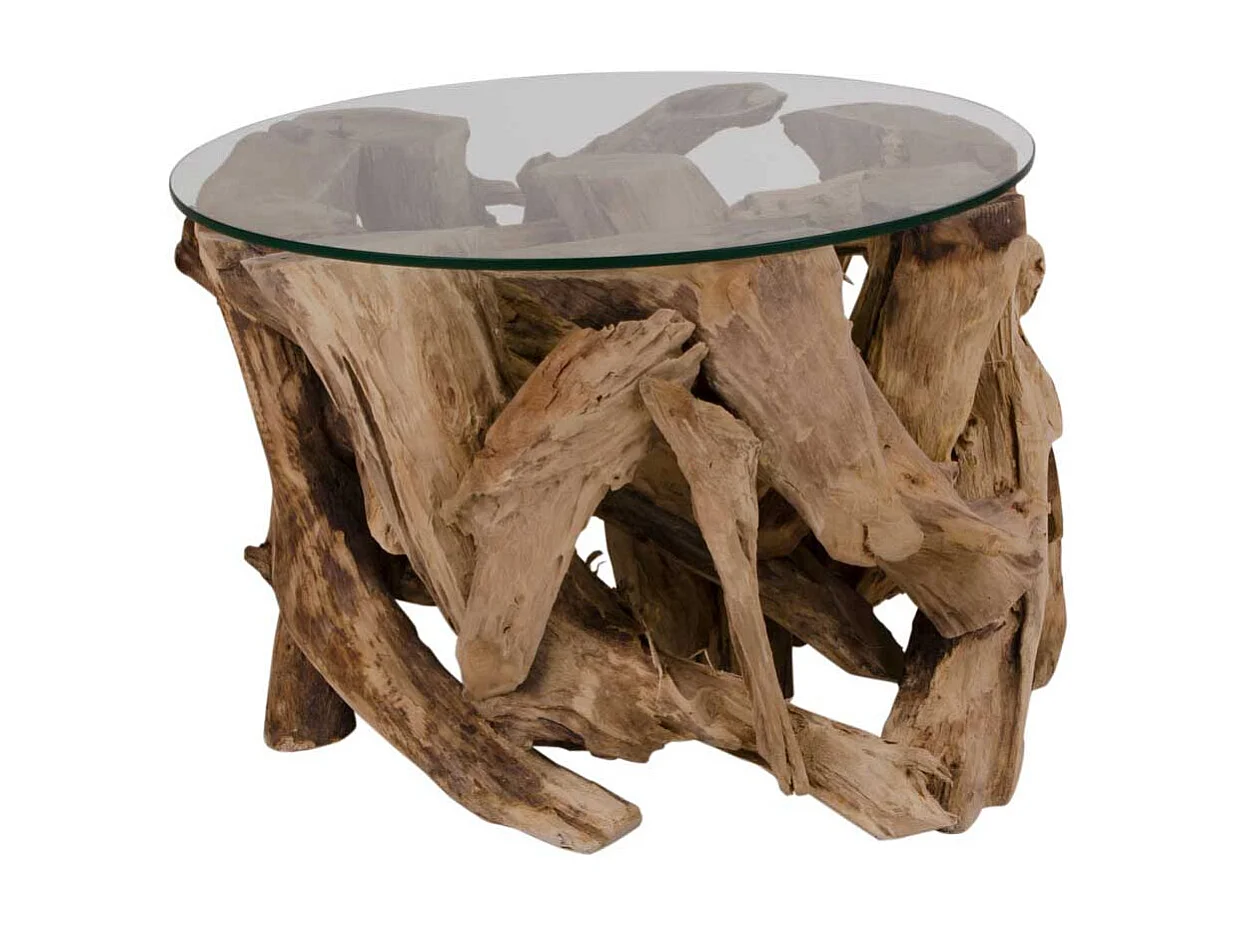 Runder Glastisch mit Wurzelholz-Gestell 60 cm breit