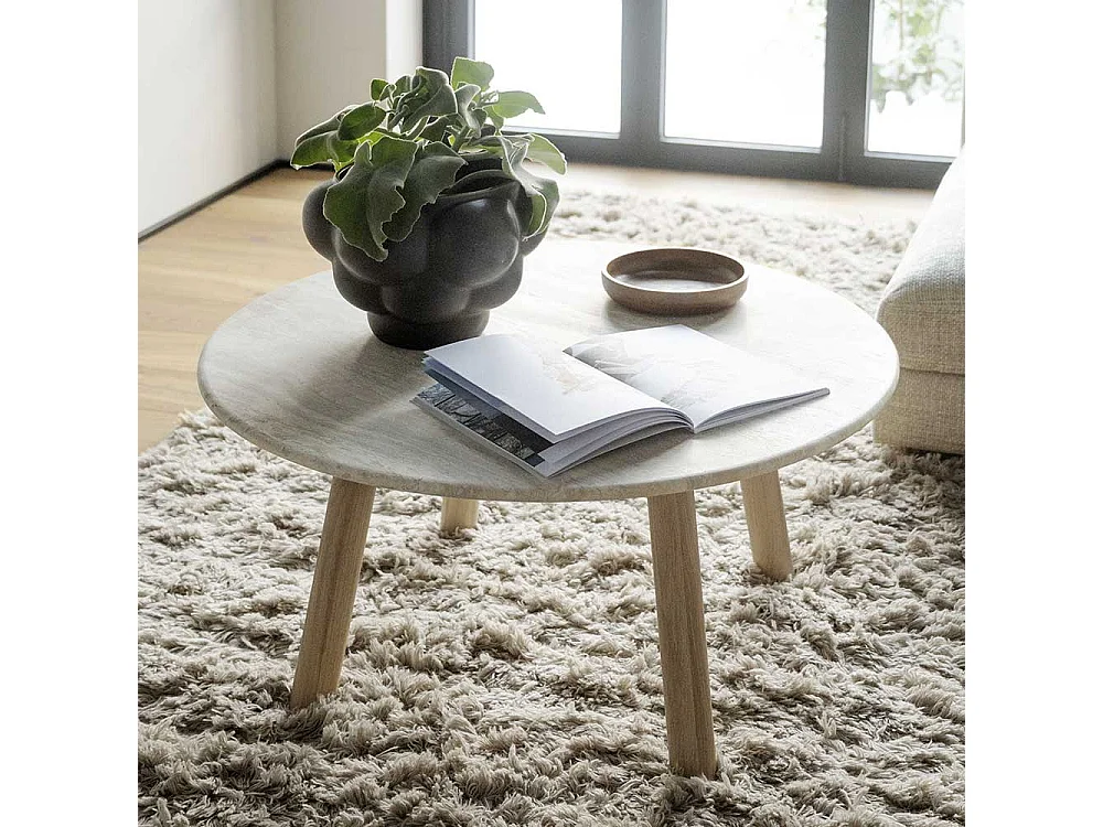 Couchtisch mit beiger Marmorplatte Gestell in Eiche White Wash