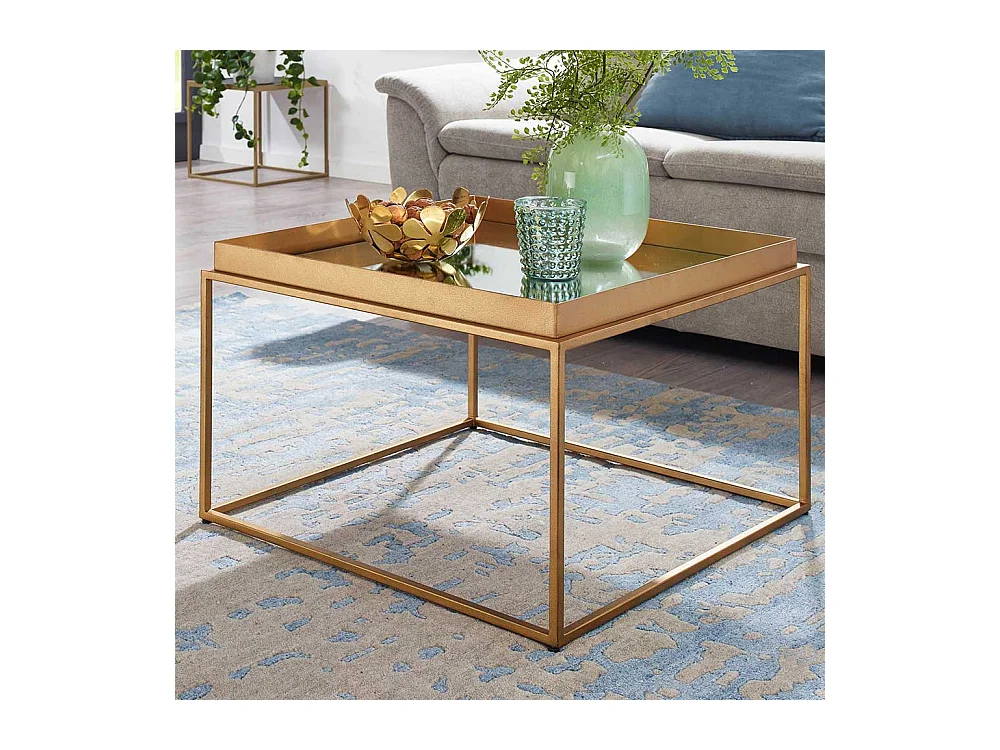 Couchtisch Glas Metall Gold mit Bügelgestell Spiegelglas Platte