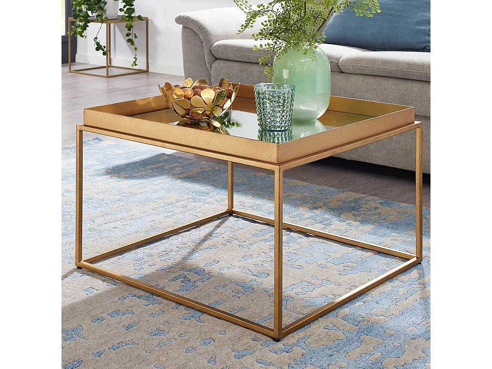 Couchtisch Glas Metall Gold mit Bügelgestell Spiegelglas Platte