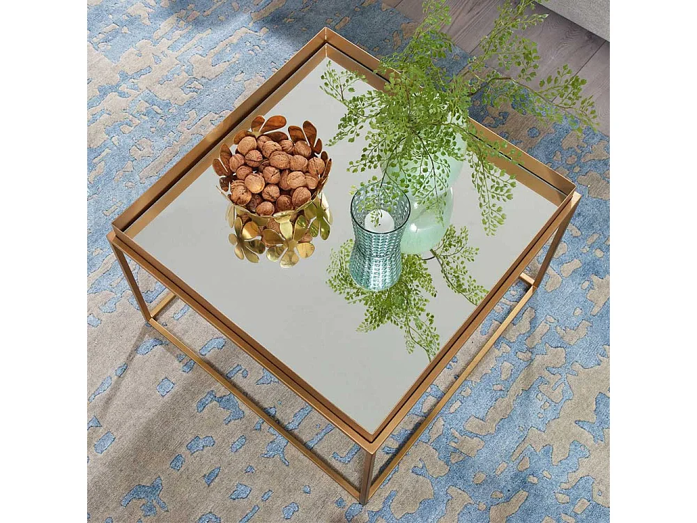 Couchtisch Glas Metall Gold mit Bügelgestell Spiegelglas Platte