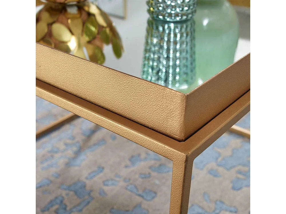Couchtisch Glas Metall Gold mit Bügelgestell Spiegelglas Platte