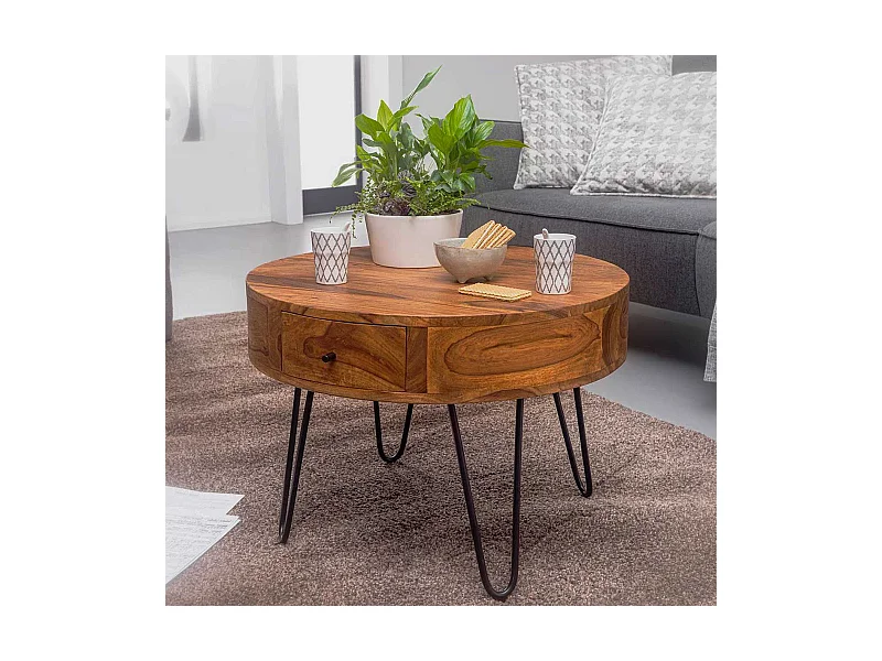 Wohnzimmertisch aus Sheesham Massivholz und Edelstahl rund