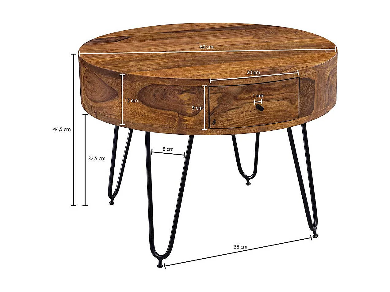 Wohnzimmertisch aus Sheesham Massivholz und Edelstahl rund