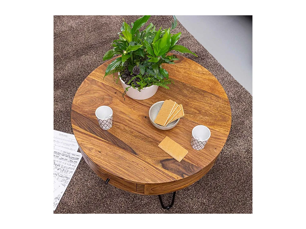 Wohnzimmertisch aus Sheesham Massivholz und Edelstahl rund