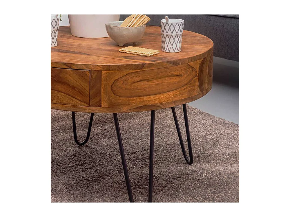 Wohnzimmertisch aus Sheesham Massivholz und Edelstahl rund