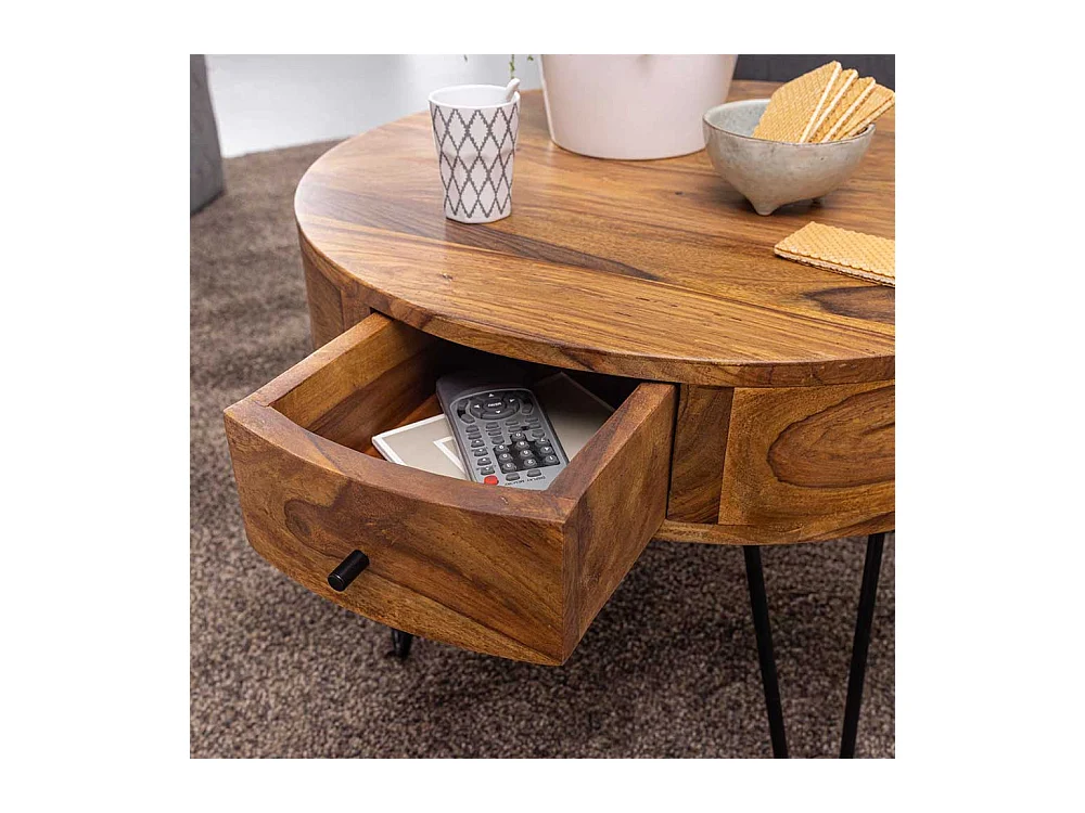 Wohnzimmertisch aus Sheesham Massivholz und Edelstahl rund